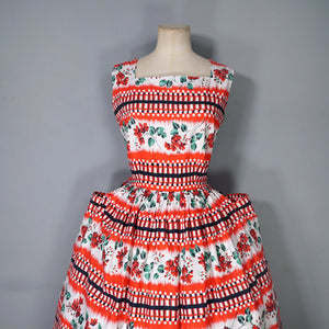 50s RICHARD SHOPS RED AND BLACK GEOMETRIC AND FLORAL COTTON DRESS WITH POCKETS - S-M
