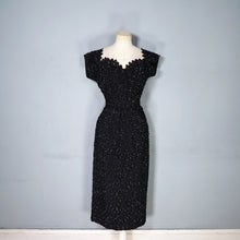 Load image into Gallery viewer, 50s HEAVY BLACK ALL OVER SEQUIN WIGGLE COCKTAIL DRESS WITH SCALLOPED NECKLINE - S