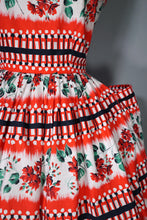 Load image into Gallery viewer, 50s RICHARD SHOPS RED AND BLACK GEOMETRIC AND FLORAL COTTON DRESS WITH POCKETS - S-M