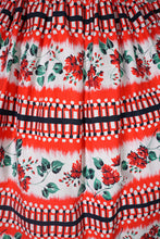 Load image into Gallery viewer, 50s RICHARD SHOPS RED AND BLACK GEOMETRIC AND FLORAL COTTON DRESS WITH POCKETS - S-M
