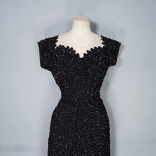 Load image into Gallery viewer, 50s HEAVY BLACK ALL OVER SEQUIN WIGGLE COCKTAIL DRESS WITH SCALLOPED NECKLINE - S