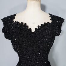 Load image into Gallery viewer, 50s HEAVY BLACK ALL OVER SEQUIN WIGGLE COCKTAIL DRESS WITH SCALLOPED NECKLINE - S