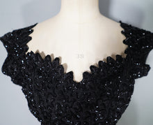 Load image into Gallery viewer, 50s HEAVY BLACK ALL OVER SEQUIN WIGGLE COCKTAIL DRESS WITH SCALLOPED NECKLINE - S