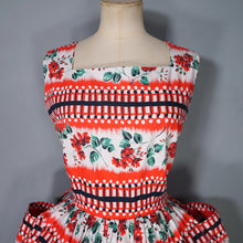 Load image into Gallery viewer, 50s RICHARD SHOPS RED AND BLACK GEOMETRIC AND FLORAL COTTON DRESS WITH POCKETS - S-M