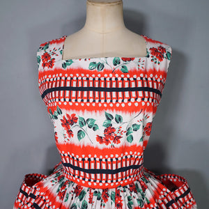 50s RICHARD SHOPS RED AND BLACK GEOMETRIC AND FLORAL COTTON DRESS WITH POCKETS - S-M
