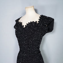 Load image into Gallery viewer, 50s HEAVY BLACK ALL OVER SEQUIN WIGGLE COCKTAIL DRESS WITH SCALLOPED NECKLINE - S