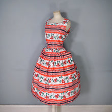 Load image into Gallery viewer, 50s RICHARD SHOPS RED AND BLACK GEOMETRIC AND FLORAL COTTON DRESS WITH POCKETS - S-M