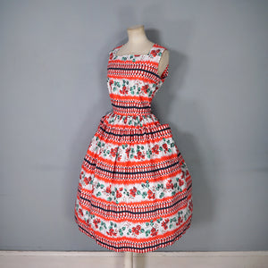 50s RICHARD SHOPS RED AND BLACK GEOMETRIC AND FLORAL COTTON DRESS WITH POCKETS - S-M