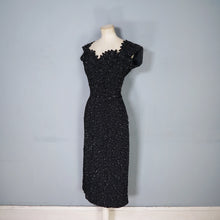Load image into Gallery viewer, 50s HEAVY BLACK ALL OVER SEQUIN WIGGLE COCKTAIL DRESS WITH SCALLOPED NECKLINE - S
