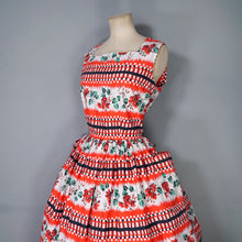Load image into Gallery viewer, 50s RICHARD SHOPS RED AND BLACK GEOMETRIC AND FLORAL COTTON DRESS WITH POCKETS - S-M