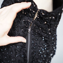 Load image into Gallery viewer, 50s HEAVY BLACK ALL OVER SEQUIN WIGGLE COCKTAIL DRESS WITH SCALLOPED NECKLINE - S
