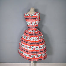 Load image into Gallery viewer, 50s RICHARD SHOPS RED AND BLACK GEOMETRIC AND FLORAL COTTON DRESS WITH POCKETS - S-M