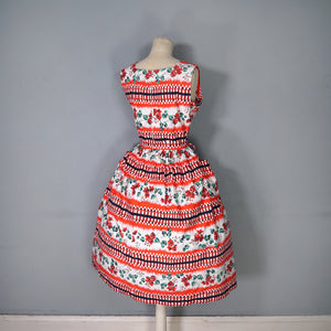 50s RICHARD SHOPS RED AND BLACK GEOMETRIC AND FLORAL COTTON DRESS WITH POCKETS - S-M