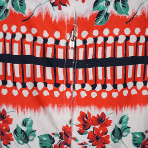 50s RICHARD SHOPS RED AND BLACK GEOMETRIC AND FLORAL COTTON DRESS WITH POCKETS - S-M