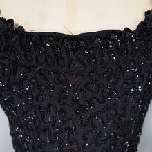 Load image into Gallery viewer, 50s HEAVY BLACK ALL OVER SEQUIN WIGGLE COCKTAIL DRESS WITH SCALLOPED NECKLINE - S