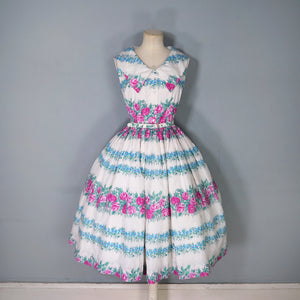 50s 60s PINK ROSE AND BLUE FLORAL NYLON FULL SKIRTED DRESS - XS