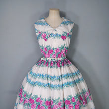 Load image into Gallery viewer, 50s 60s PINK ROSE AND BLUE FLORAL NYLON FULL SKIRTED DRESS - XS
