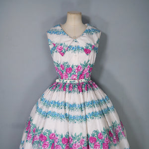 50s 60s PINK ROSE AND BLUE FLORAL NYLON FULL SKIRTED DRESS - XS
