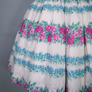 50s 60s PINK ROSE AND BLUE FLORAL NYLON FULL SKIRTED DRESS - XS