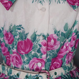 50s 60s PINK ROSE AND BLUE FLORAL NYLON FULL SKIRTED DRESS - XS