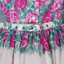 Load image into Gallery viewer, 50s 60s PINK ROSE AND BLUE FLORAL NYLON FULL SKIRTED DRESS - XS