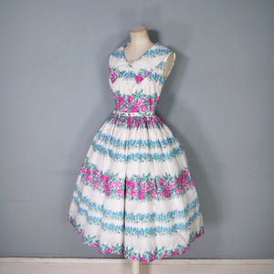 50s 60s PINK ROSE AND BLUE FLORAL NYLON FULL SKIRTED DRESS - XS