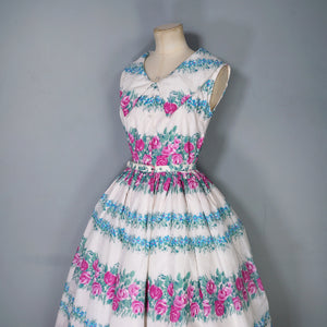 50s 60s PINK ROSE AND BLUE FLORAL NYLON FULL SKIRTED DRESS - XS