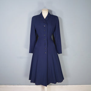 40s / 50s VERNER VOGUE NAVY BLUE SLIM FITTING FIT AND FLARE COAT - XS