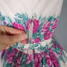 Load image into Gallery viewer, 50s 60s PINK ROSE AND BLUE FLORAL NYLON FULL SKIRTED DRESS - XS