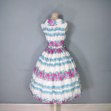 Load image into Gallery viewer, 50s 60s PINK ROSE AND BLUE FLORAL NYLON FULL SKIRTED DRESS - XS