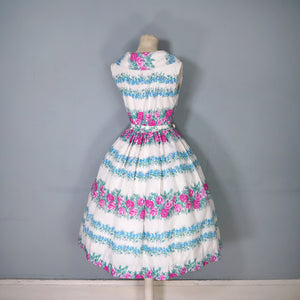 50s 60s PINK ROSE AND BLUE FLORAL NYLON FULL SKIRTED DRESS - XS