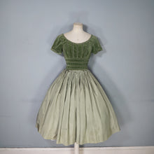 Load image into Gallery viewer, 50s LIGHT GREEN VELVET BODICE FULL SKIRTED DRESS BY TAILORED JUNIOR - XS-S