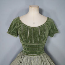 Load image into Gallery viewer, 50s LIGHT GREEN VELVET BODICE FULL SKIRTED DRESS BY TAILORED JUNIOR - XS-S
