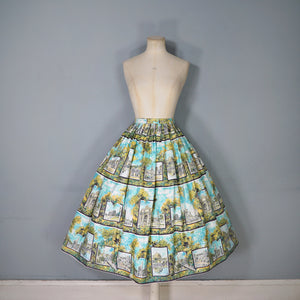 50s SCENIC TRAVEL ROME / ITALIAN LANDMARKS NOVELTY PRINT FULL COTTON SKIRT - 26"
