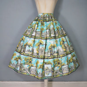 50s SCENIC TRAVEL ROME / ITALIAN LANDMARKS NOVELTY PRINT FULL COTTON SKIRT - 26"