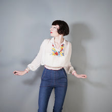 Load image into Gallery viewer, 60s SHEER WHITE HAND EMBROIDERED HUNGARIAN FOLK SMOCK BLOUSE - M