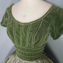 Load image into Gallery viewer, 50s LIGHT GREEN VELVET BODICE FULL SKIRTED DRESS BY TAILORED JUNIOR - XS-S