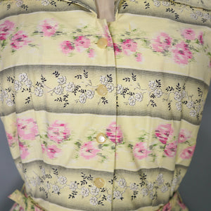 50s SAMBO FASHIONS YELLOW AND PINK FLORAL COTTON SHIRTWAIST DRESS - XS
