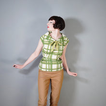 Load image into Gallery viewer, 50s GREEN CHECK COLLARED BLOUSE TOP WITH BOW - S