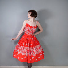 Load image into Gallery viewer, 60s "ALU LOLE" BRIGHT RED WHITE AND GOLD FLORAL HAWAIIAN FULL SKIRTED SUN DRESS - S
