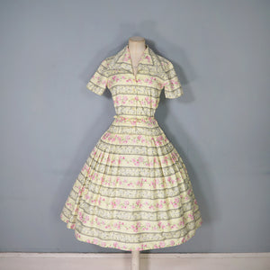 50s SAMBO FASHIONS YELLOW AND PINK FLORAL COTTON SHIRTWAIST DRESS - XS