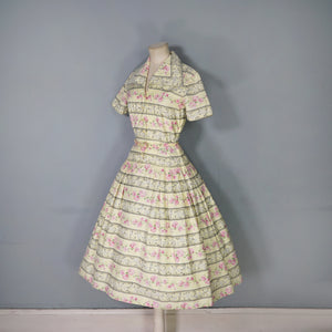 50s SAMBO FASHIONS YELLOW AND PINK FLORAL COTTON SHIRTWAIST DRESS - XS
