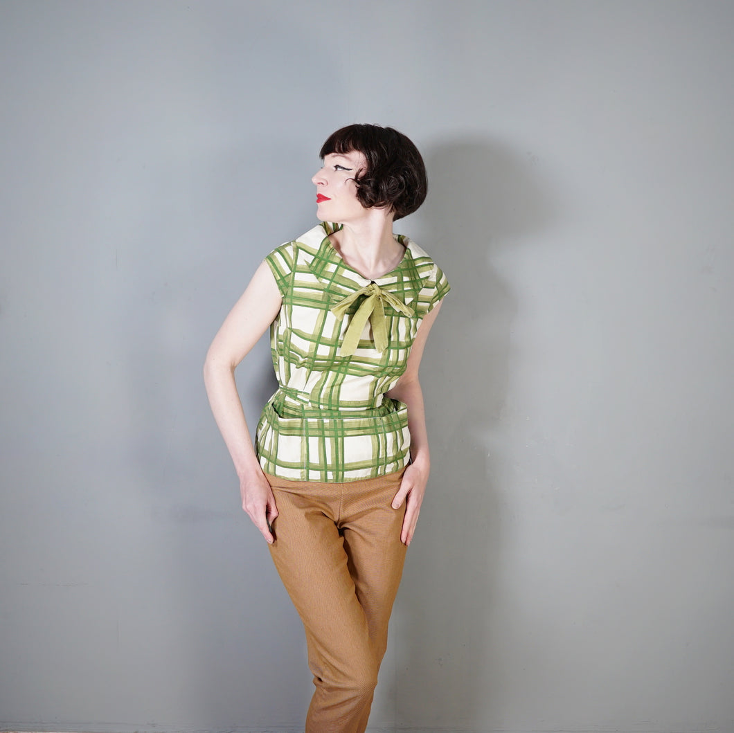 50s GREEN CHECK COLLARED BLOUSE TOP WITH BOW - S
