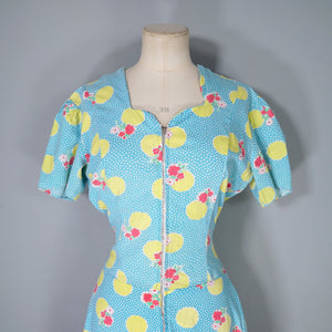 40s TURQUOISE AND YELLOW PRINT ZIP FRONT COTTON HOUSE GOWN / DRESS - S