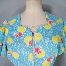 Load image into Gallery viewer, 40s TURQUOISE AND YELLOW PRINT ZIP FRONT COTTON HOUSE GOWN / DRESS - S