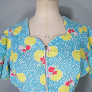 40s TURQUOISE AND YELLOW PRINT ZIP FRONT COTTON HOUSE GOWN / DRESS - S
