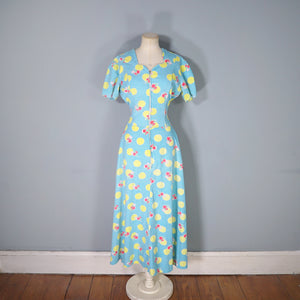 40s TURQUOISE AND YELLOW PRINT ZIP FRONT COTTON HOUSE GOWN / DRESS - S
