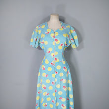 Load image into Gallery viewer, 40s TURQUOISE AND YELLOW PRINT ZIP FRONT COTTON HOUSE GOWN / DRESS - S