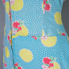 Load image into Gallery viewer, 40s TURQUOISE AND YELLOW PRINT ZIP FRONT COTTON HOUSE GOWN / DRESS - S