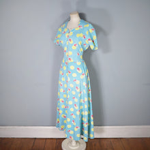 Load image into Gallery viewer, 40s TURQUOISE AND YELLOW PRINT ZIP FRONT COTTON HOUSE GOWN / DRESS - S